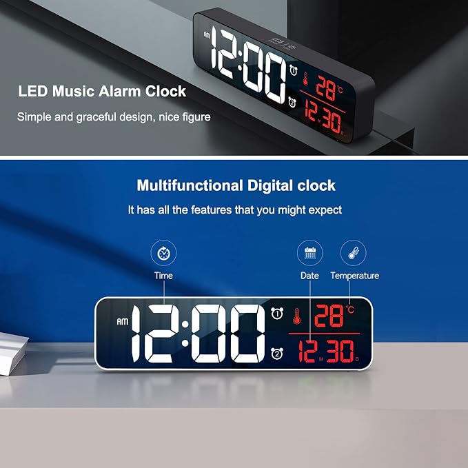 Digital Clock for Bedroom, Clocks for Living Room Decor, Desk Table Clock, Alarm Clock Large Display with Date Week Temperature, Automatic Brightness Dimmer, Smart Cool Modern (Red)
