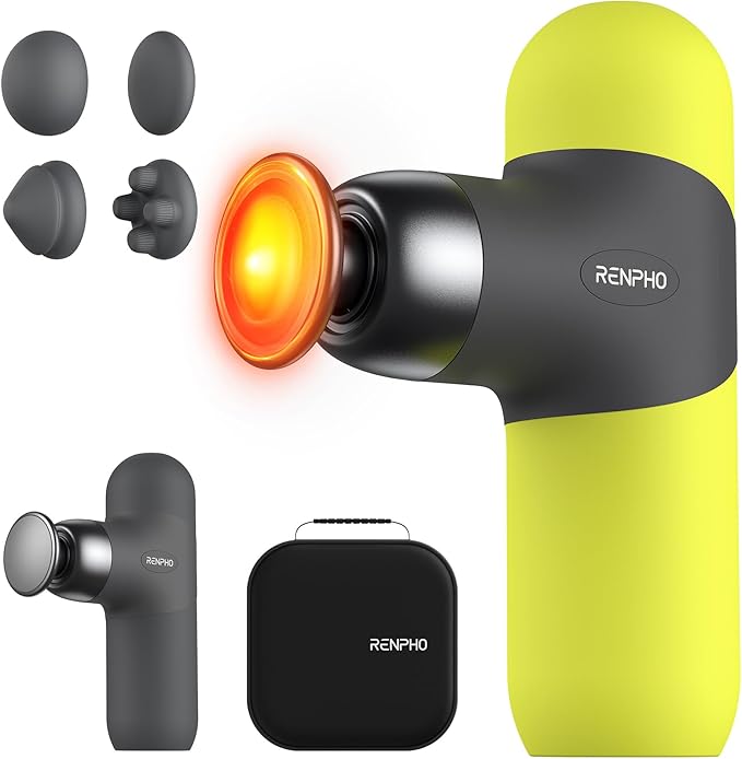 RENPHO Mini Thermal Massage Gun with Heat, Percussion Massager Gun Portable, Color Silicone Sleeves Travel Size with Carry Case, Neon Green