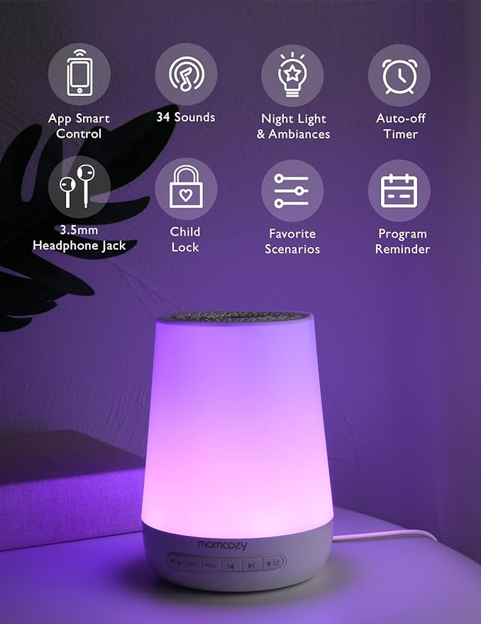 Baby Sound Machine, Momcozy White Noise Machine for Baby Sleeping with Night Light, Toddler Sleep Trainer with 34 Soothing Sounds, Timer, App Remote Control, Personal Sleep Routine (Blue)