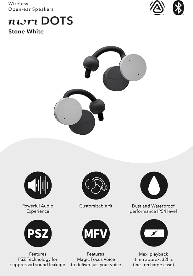 nwm DOTS Wireless On-Ear Speakers (Open Ear Earphones) Sound Leakage suppressed (PSZ Technology - Bone Conduction Alternative) with Optimal Microphone Function Designed in Japan | Stone White