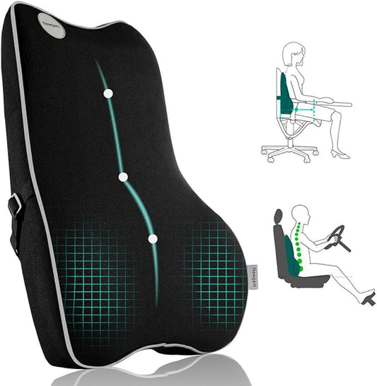 Lumbar Support Pillow,Pure Memory Foam Back Cushion Orthopedic Backrest with Breathable 3D Mesh for Car Seat,Office Chair,Computer Chair,Wheelchair and Recliner.Ergonomic Design (Grey Edge)