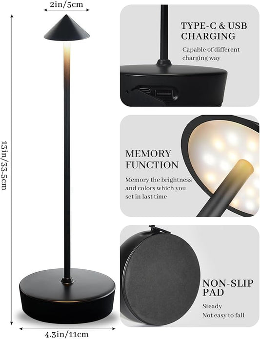 2 Packs Black Cordless Rechargeable Table Lamp 7200mAh Portable Touch Control LED Waterproof Table Lamp for Bar Bedroom Reading