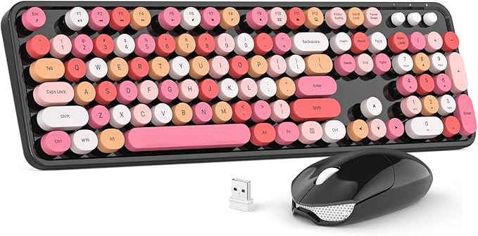 Wireless Keyboard and Mouse Combo, MOWUX Colorful Computer Full Size 2.4G Plug and Play Wireless Typewriter Keyboard and Mouse Set for Windows, Computer, Desktop, PC, Notebook (Black Colorful)