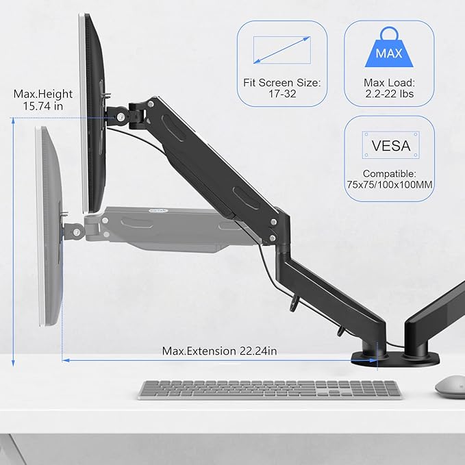 Pholiten Dual Monitor Arm 32inch,Fully Adjustable Gas Spring Monitor Desk Mount Vesa Bracket,Adjustable Tilt/Swivel/Rotate Monitor Stand Up to 22lbs