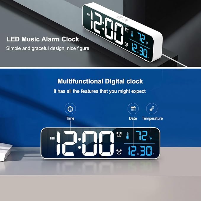 Digital Clock, Clock for Bedroom, Clocks for Living Room Decor, Desk Table Clock, Alarm Clock Large Display with Date Week Temperature, Automatic Brightness Dimmer, Smart Cool Modern (White Blue)