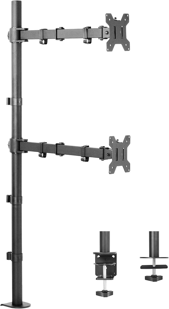 VIVO Extra Tall Vertically Stacked Dual Monitor Desk Mount Stand with 99 cm Stand-up Pole, Fully Adjustable Extended Arms, Fits 2 Screens up to 27 inches, STAND-V012T