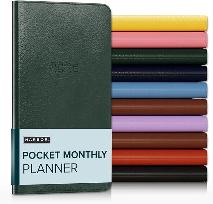 Harbor Pocket Monthly Planner 2025-2026, Calendar Planner and Notebook, Durable Faux Leather, 18 Months, 96 Pages, Softcover & Lightweight - Leida Pine - 6 x 3.25 "