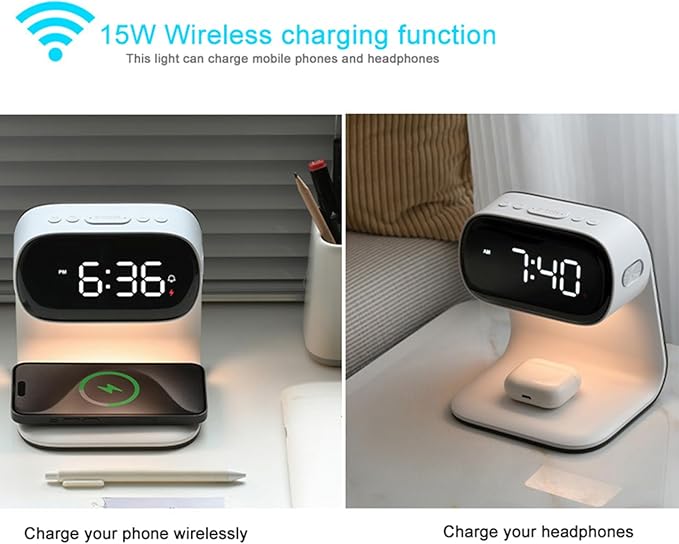 Digital Alarm Clock with Wireless Fast Charging Station 15W Touch Smart Lamp for Bedside,3 Colors Nightlight Adjustment Night Lamp for Living Room,Bedside,Heavy Sleepers (White+No Adapter)