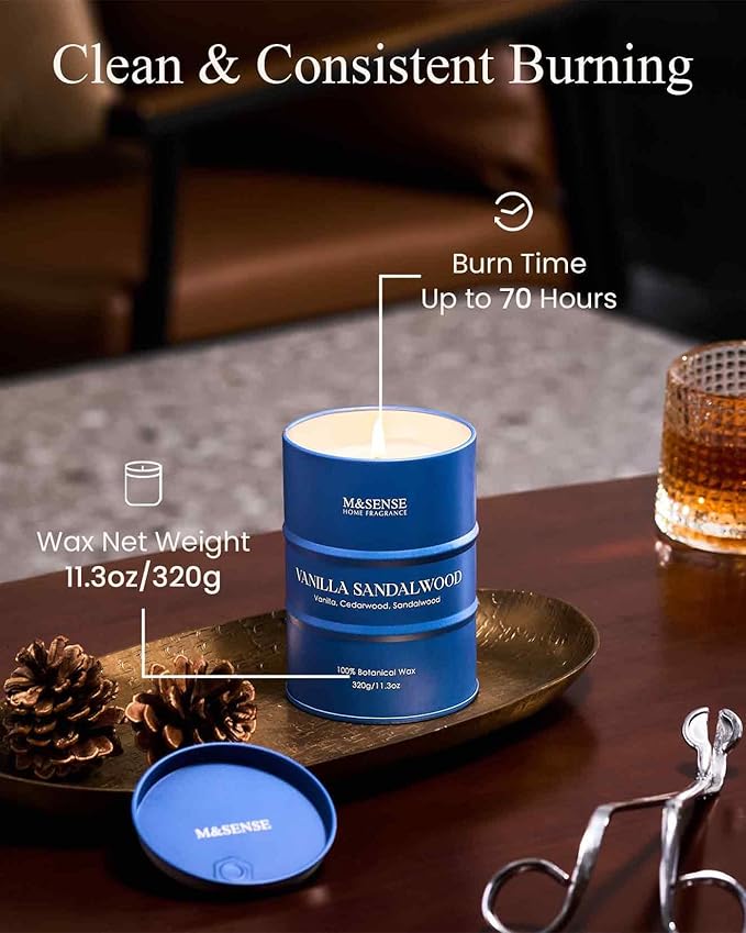 M&SENSE Vanilla Sandalwood Scented Candles Natural Non Toxic, Aromatherapy Candle for Stress Relief Meditation Relaxing, Housewarming Gifts for Women Men, 11.3oz 70 Hour Long Burning