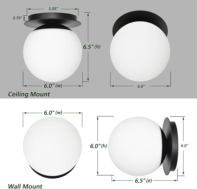 Wall Sconces, 1 Light Modern Globe Sconce in Matte Black, Wall Light for Bedroom Bathroom Living Room & Hallway Vanity Lighting, Ceiling Light Fixture