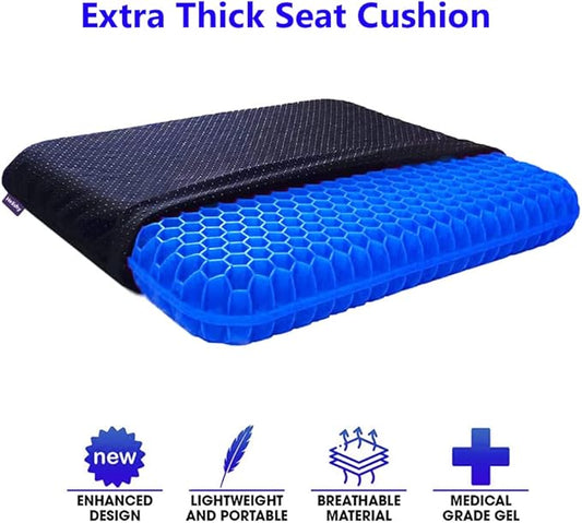 Gel Seat Cushion, Extra Thick Office Seat Cushion with Non-Slip Cover, Breathable Chair Pads Honeycomb Design Absorbs Pressure Points for Car Office Chair Wheelchair (Extra Thick, Blue)