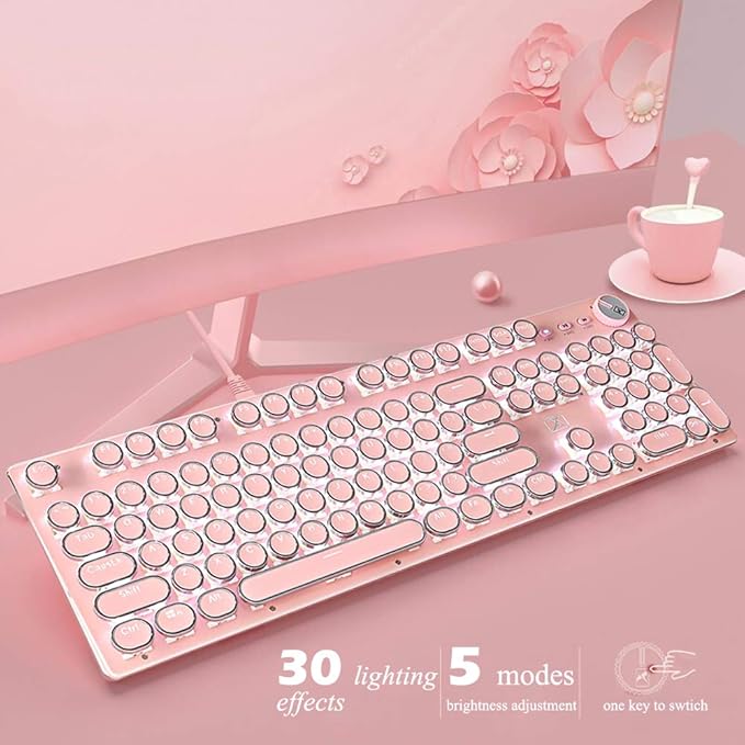 Basaltech Mechanical Gaming Keyboard and Mouse Combo, Retro Steampunk Vintage Typewriter-Style Keyboard with LED Backlit, 104-Key Anti-Ghosting Blue Switch Wired USB Metal Panel Round Keycaps, Pink