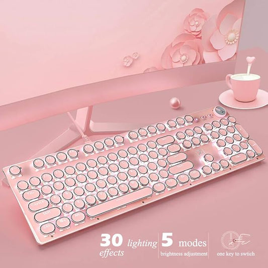Basaltech Mechanical Gaming Keyboard and Mouse Combo, Retro Steampunk Vintage Typewriter-Style Keyboard with LED Backlit, 104-Key Anti-Ghosting Blue Switch Wired USB Metal Panel Round Keycaps, Pink