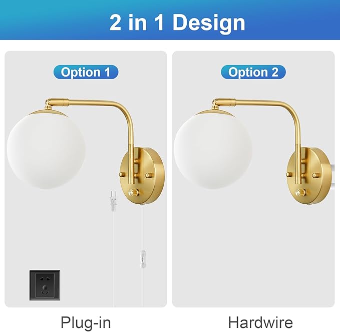 Dimmable Wall Sconces Plug in, Swing Arm Wall Lights with Plug in Cord and Dimmer On/Off Knob Switch, Dimmable Wall Light with Milky White Glass Globe Shade(2 Bulbs Included)