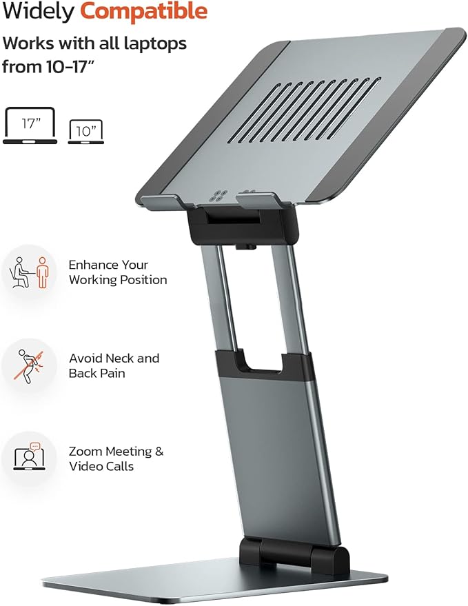 Sit to Stand Laptop Stand, Promote Healthy Posture, Ergonomic Standing Computer Stand, Tall Height Adjustable Laptop Riser, Reduce Neck Pain Compatible with MacBook Air Pro, All Laptops 10-17"-Gray