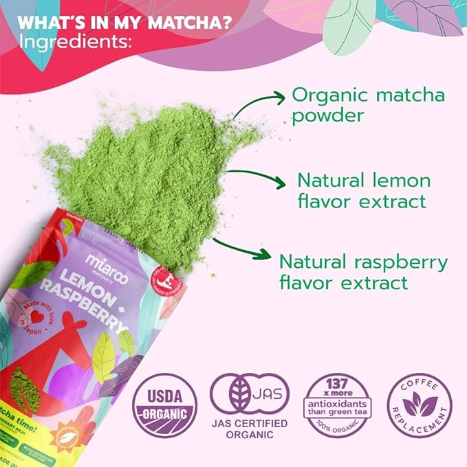 Miaroo Ceremonial Matcha (Lemon Raspberry) | Authentic Japanese Matcha Powder | Antioxidant Superfood, Natural Energy & Amino Acid Source | 50g