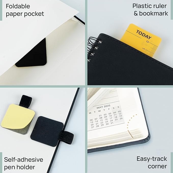 POPRUN Pocket Planner 2025-2026 (Purse Size 4'' x 6.25'') Academic Small Calendar (July 2025 - June 2026) with Hourly Time Slots, 100GSM Thick Papers, Spiral Leather Cover - Black