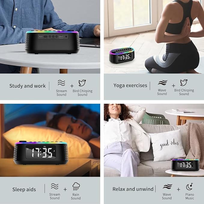 White Noise Machine Bluetooth Speaker, Digital Alarm Clock Sleep Timer with LED Display RGB Night Light, Soothing Natural Sleeping Sound Machine for Baby, Kids, Adults, Bedrooms (Black)