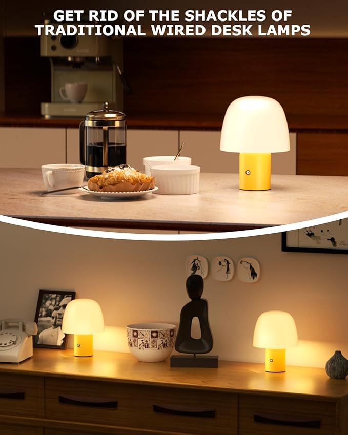 Portable LED Table Lamp, Cordless Desk Lamp Rechargeable, 3-Color Touch Stepless Dimming Night Light for Bedroom/Children's Room/Terrace/Dining Room/Cafe (Yellow)