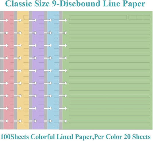 9-Disc Discbound 5 Colorful Line Paper Pre-punched Happy Planners Inserts, 100Sheets/200Pages Classic Size Line Loose-Leaf Paper, Per Color 20 Sheets, 7" x 9.25"