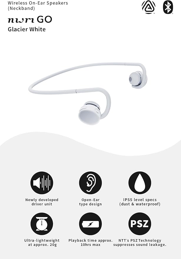 nwm GO Wireless On-Ear Speakers (Open Ear Earphones) Sound Leakage suppressed (PSZ Technology - Bone Conduction Alternative) Designed in Japan | Glacier White