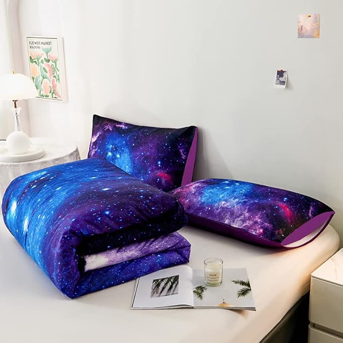 7PCS Purple Comforter Sets Queen,Girls Galaxy Comforter Queen,Girls Bed Sets Queen,Bed in a Bag with Flat Sheet and Fitted Sheet,Pillowcases,Cushion Covers for Girl,Galaxy Bedding Sets