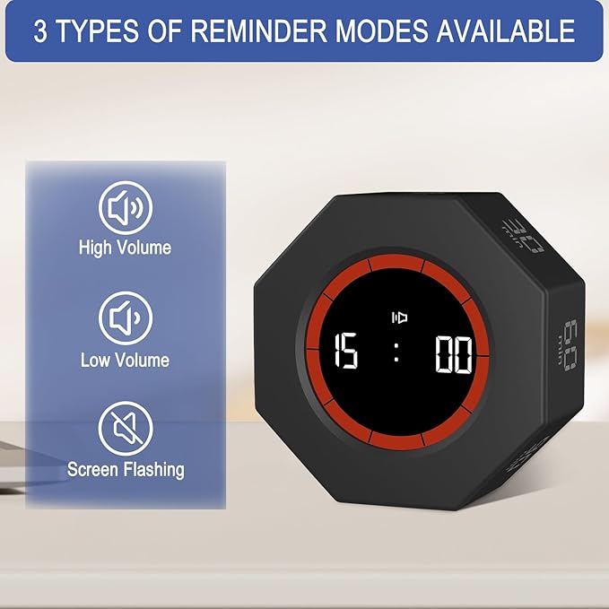 Octagon Digital Productivity Timer, Rotating Pomodoro Timer with Gravireceptor 1-3-5-15-30-60-90 Min Countdown, Mute&Adjustable Volume Countup/Down Timer for Study Office Kitchen Desk, Black