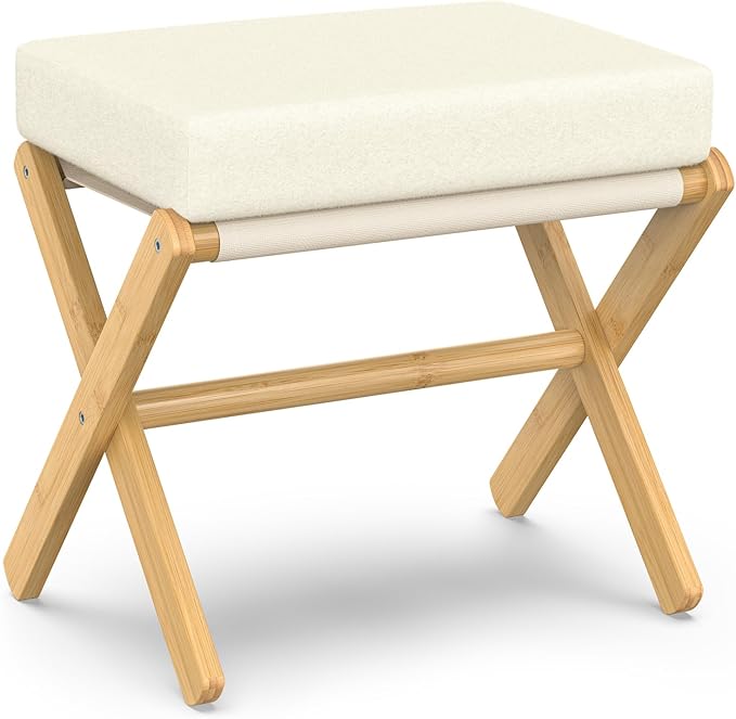 Foldable Foot Stool Ottoman, Modern Foot Rest with Bamboo X Legs & Thick Foam Cushion, Folding Foot Stools Small Padded for Bedroom Living Room, Makeup Vanity Stool Chair (Natural - Beige)