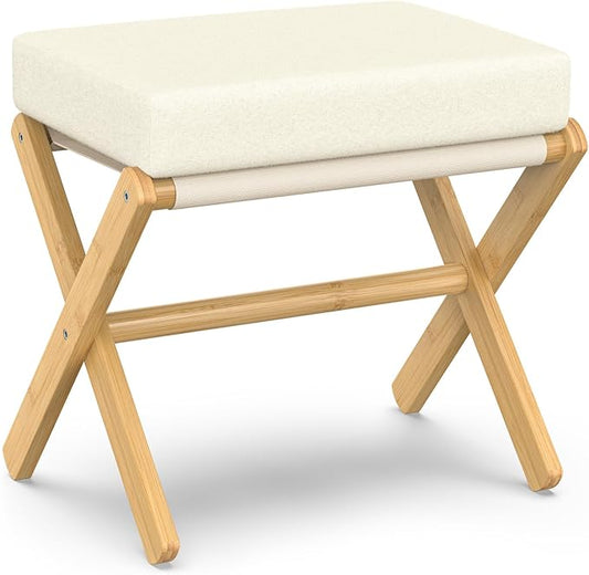 Foldable Foot Stool Ottoman, Modern Foot Rest with Bamboo X Legs & Thick Foam Cushion, Folding Foot Stools Small Padded for Bedroom Living Room, Makeup Vanity Stool Chair (Natural - Beige)