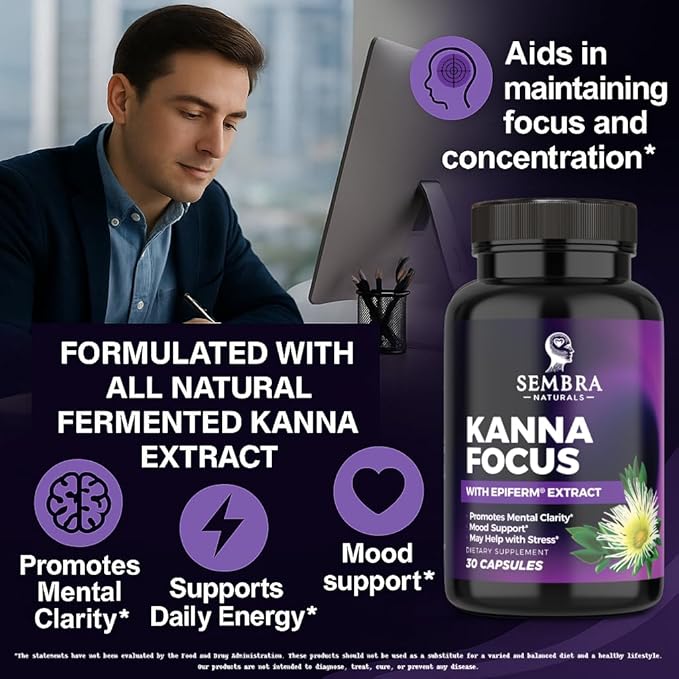 KANNAFOCUS - Natural Kanna Extract 50mg, Fermented Sceletium Tortuosum & Bioperine® - Focus, Mood & Mental Wellness Support - Herbal Nootropic for Daily Clarity & Energy - 30 Capsules