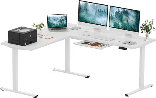 SANODESK L Shaped Electric Standing Desk with Drawer, 71 Inch Ergonomic Adjustable Height Desk with Storage, Corner Desk Sit Stand up Computer Table for Work Office Home, White
