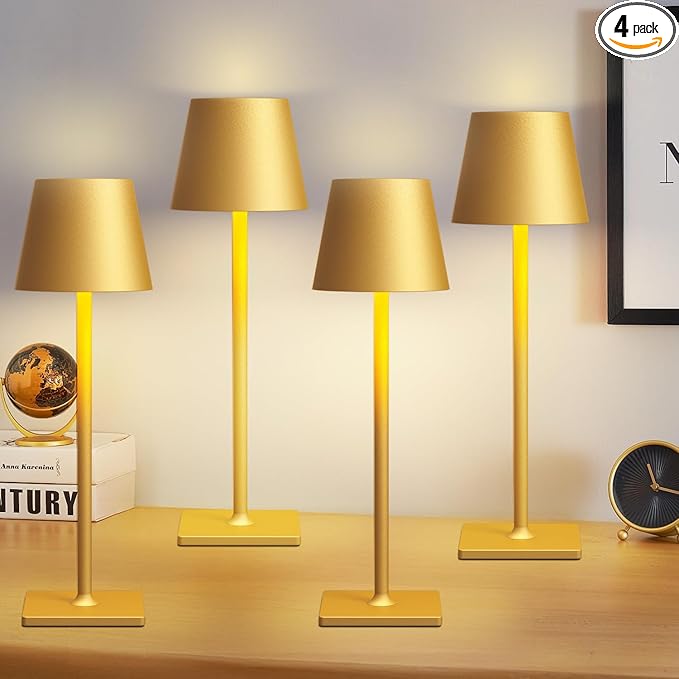 4 Pack Gold Cordless Table Lamps for Gifts, Portable Rechargeable Lamp, 6000mAh Battery Operated lamps, 3 Color Dimmable LED Table Light for Holiday, Christmas, Graduation Gifts, Teacher Gifts
