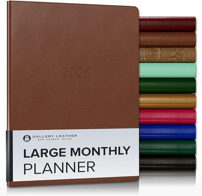 Gallery Leather Large Monthly Planner 2025-2026, Elegantly Bound Calendar Planner and Notebook with Stylish Gold-Gilded Page Edges, 18 Months - Monhegan Saddle - 9.75x7.5"