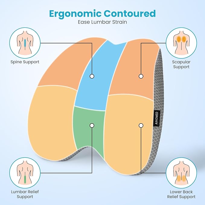 Lumbar Support Pillow Office Chair Car Back Pillow, Ergonomic Lower Back Pain Relief Breathable Air Fiber Cushion for Long Sitting Worker Driver & Handicapped, Adjustable Strap (Light Grey)