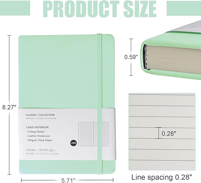 Lined Journal Notebook, 6Pack(Eggshell Green), 160 Pages, Medium 5.7 inches x 8 inches - 100 gsm Thick Paper, Hardcover