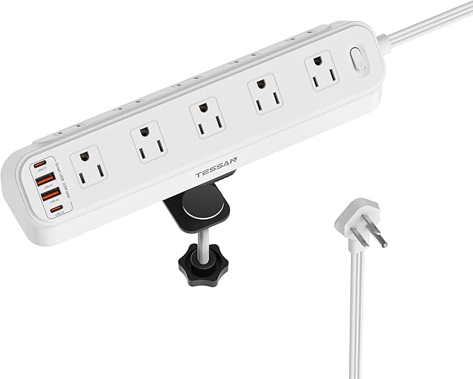 Desk Clamp Power Strip 6Ft, TESSAN Flat Extension Cord with Multiple Outlets, 10 Outlets with 4 USB (2 USB C), Flat Plug, 1625W, Charging Station for Gaming Cruise Travel Office Dorm Room, White