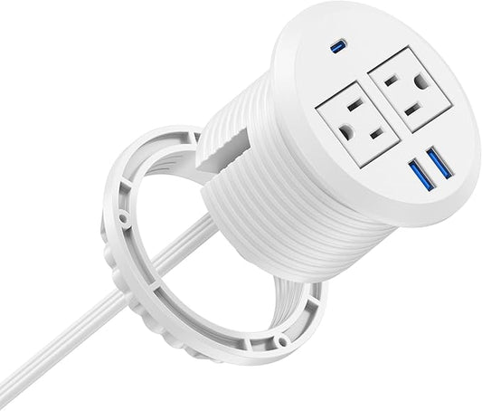 Jgstkcity 2-in-1 Desktop Power Grommet with USB-C Output, 125V, 12A, 2 AC Outlets, 3 USB Charging Ports, White
