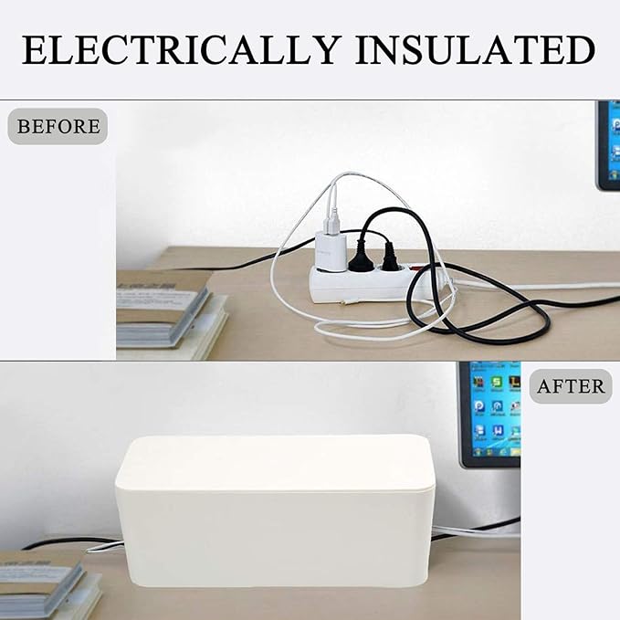 [Set of 3] 3 Cable Management Boxes + 3 Wire Ties, Large Cord Box Organizers to Hold and Hide Power Strip Charger Adapter Power Cord Charging Station USB HUB (White)
