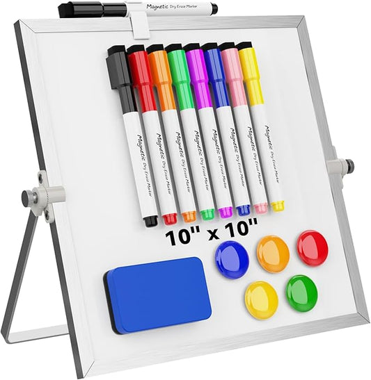 Dry Erase White Board, Cazeyoo Magnetic Desktop Whiteboard 10 x 10inch with Stand, 8 Markers, 4 Magnets and 1 Eraser, Portable Double-Sided White Board for Kids Drawing, Office, Home, School
