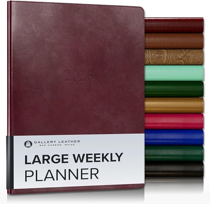 Gallery Leather Large Weekly Monthly Planner 2025-2026, Elegantly Bound Calendar Planner and Notebook with Stylish Gold-Gilded Page Edges, 12 Months - Acadia Burgundy - 9.75 x 7.5 "