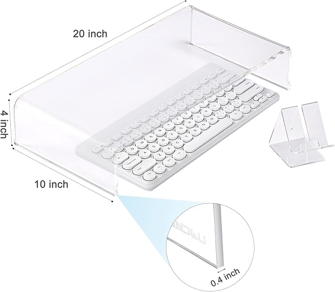 Premium Acrylic Monitor Stand – Extra-Wide 20" L x 10" W x 4" H Clear Computer Riser, Laptop Stand, Sleek Desktop Organizer for Office & Home, TV, Printer, with Bonus Acrylic Phone Stand