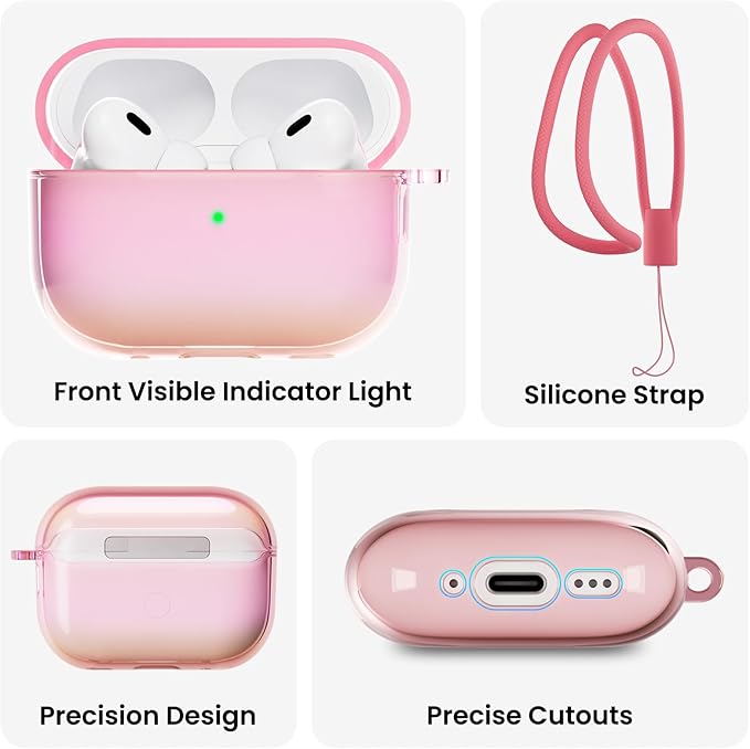 ORNARTO for AirPods Pro 2 Case 2023/2022–Stylish Gradient Clear TPU, LED Visible, Shockproof Protective Case Cover for AirPods Pro 2nd Generation with Lanyard-Aurora Pink