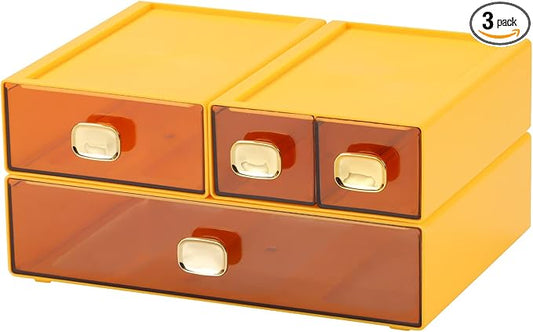 Spacious Desktop Storage Box, 1 Large 1 Middle & 2 Small Storage Drawers, Stackable Office Desk Drawer Organizer and Accessories, Printer Paper Organizer, Yellow Plastic Drawers for Workspace