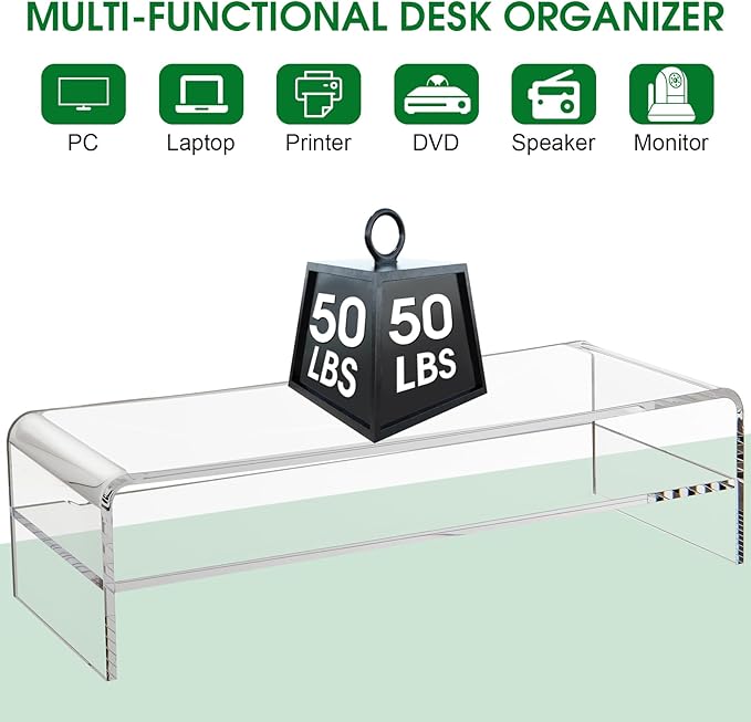 20in Large Acrylic Monitor Stand, 2-Tier Premium Large Laptop Stand, Acrylic Computer Monitor Riser for Home, Office, Business, Keyboard Storage, Multi-Media Laptop, Printer, TV