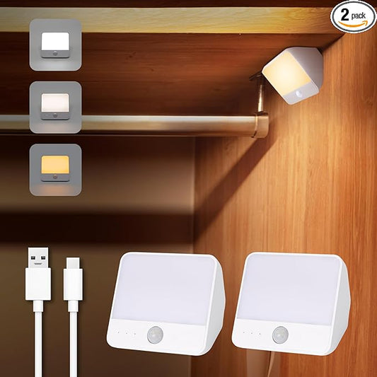 Motion Sensor Light Indoor Rechargeable, Battery Night Light 2000mAh, Motion Activated Night Lights Stick on 2 Pack, Dimmable Stair Lights for Bathroom, Hallway, Kitchen, Traveling