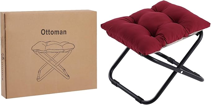 LITA Folding Footrest Stool, Portable Ottoman Foot Rest, Upholstered Small Foldable Ottoman Stool with Detachable Thick Cotton Cushion Padded Sofa Stool for Living Room, Bedroom, Burgundy