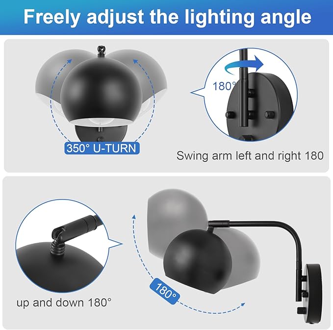 Wall Sconce with Remote Control, Dimmable Plug in Wall Sconces and Adjustable Color Temperature 2700K~6000K, Globe Swing Arm Wall Lights with Plug in Cord(2 Pack, 2 Bulbs)