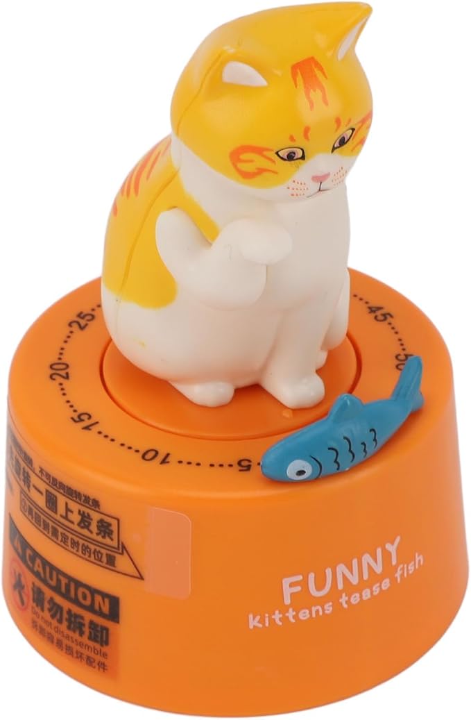 Mechanical Countdown Timer, 60 Minutes Mechanical Kitchen Timer Eco Friendly Loud Alarm Magnetic Base Cute Animal Shape for Kitchen (Kitten with Orange Base)