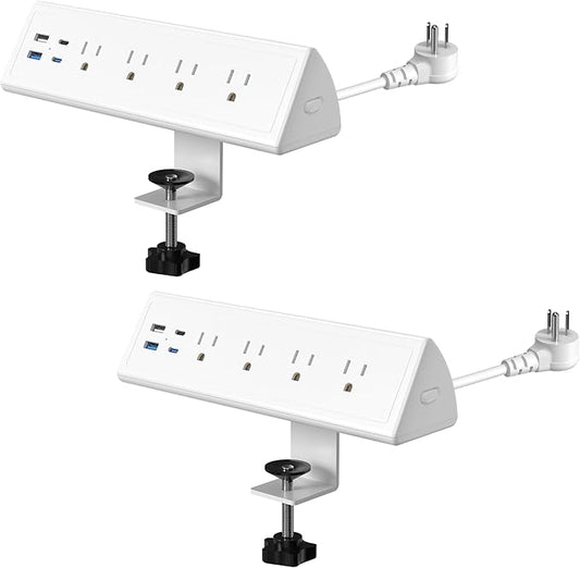 Jgstkcity Desk Clamp Power Strip,20W Fast Charging Station,Surge Protector Nightstand Edge Mount,1875W Extension Cord with Multiple Outlets,2 USB-C,2 USB-A,for Home Office (White, 2PCS-6 FT)