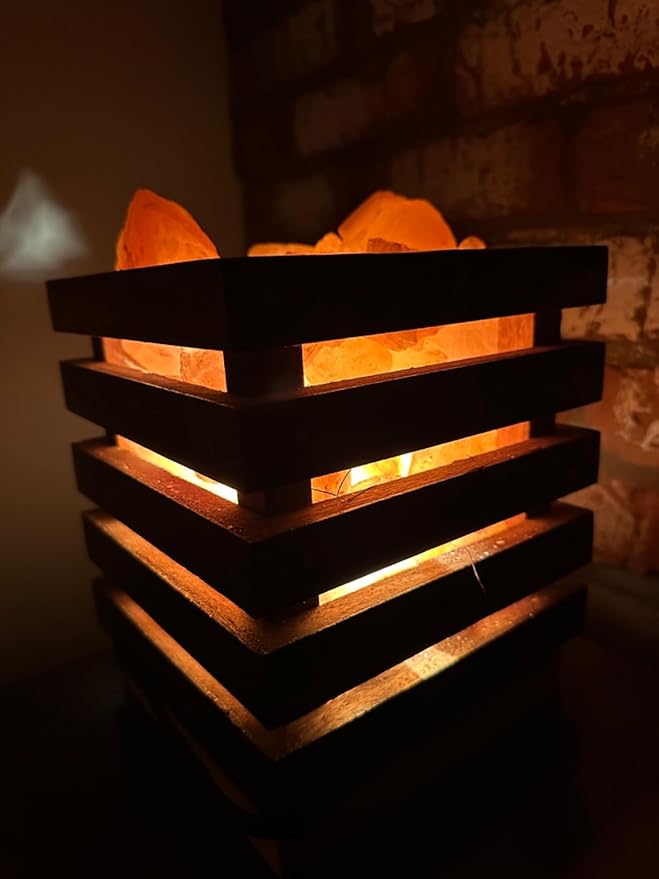 Himalayan Salt Lamp(Wooden Basket with Natural Chunks), Dimmable, Crystal Salt Lamp Classic Design, Extra Bulb, Unique Gift Idea (BlackBasket)